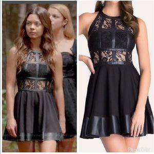 BEBE Fit and Flare Lace and Leather T-strap dress.